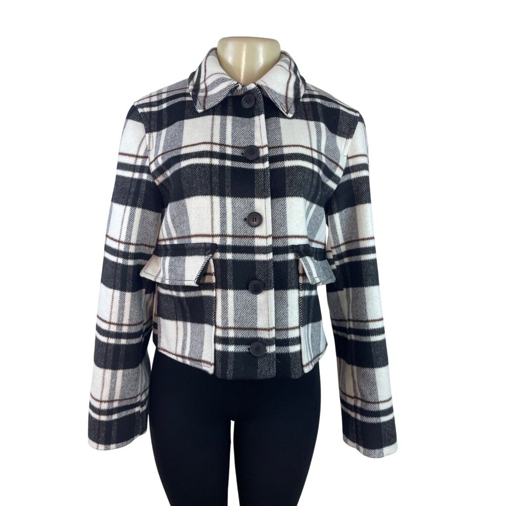 Zara Women's Black & White Plaid Button-Up Jacket With Pockets Sz S